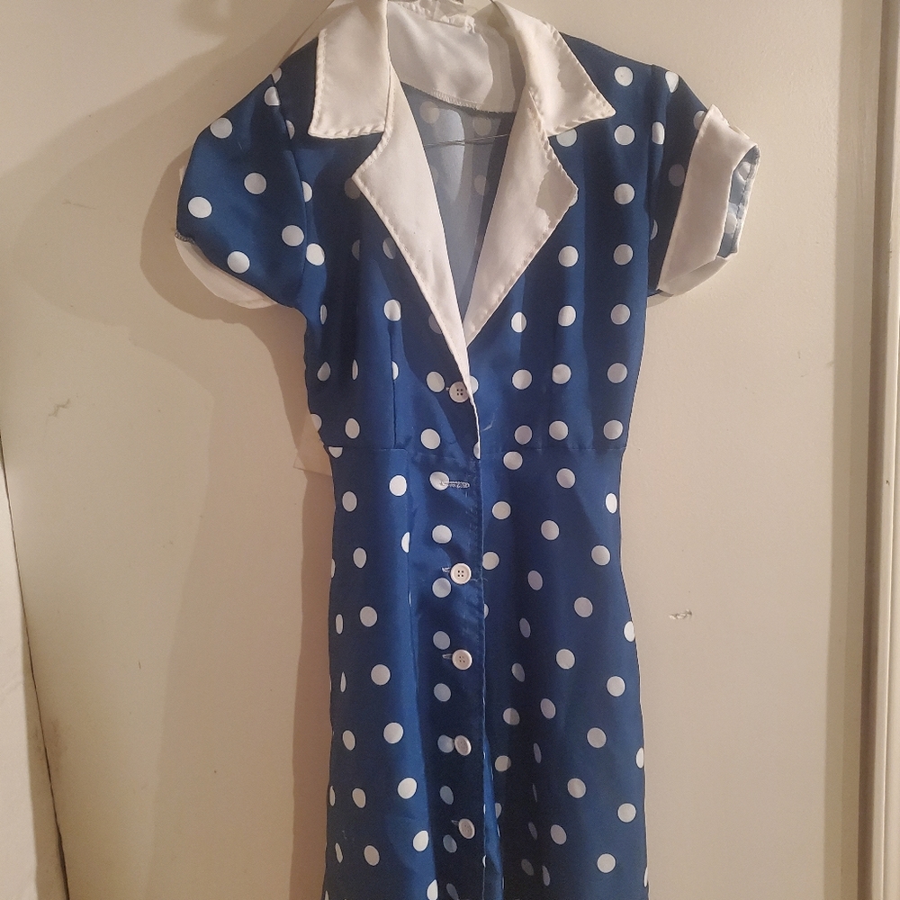 I Love Lucy iconic polka dot blue dress with white belt size small costume